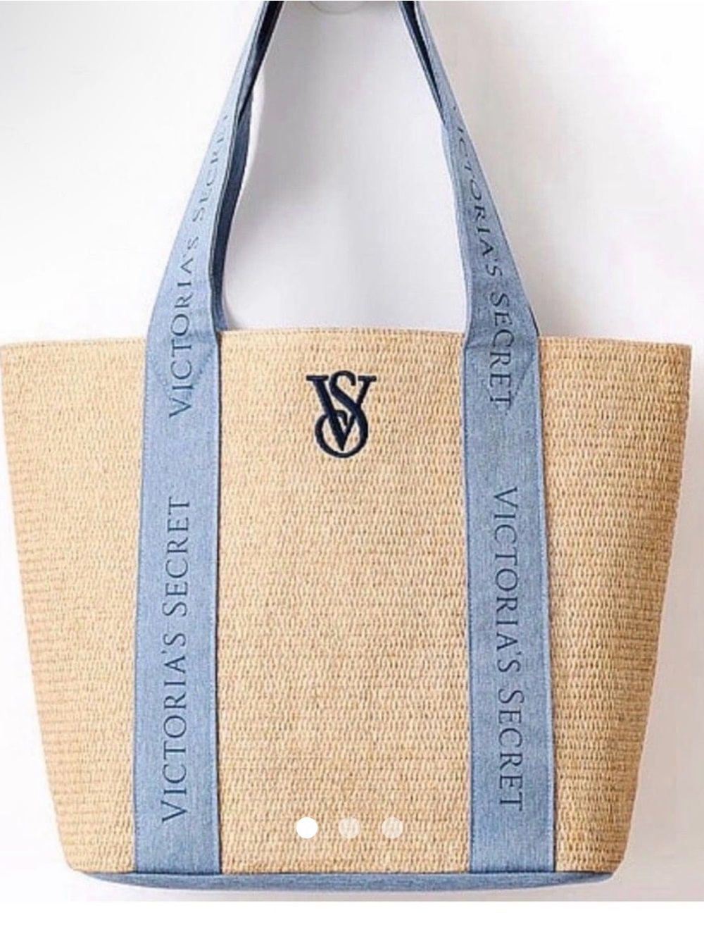 Victoria's Secret Tan Straw Tote with Denim-Blue Straps